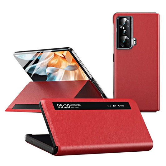 For Honor Magic Vs Ultimate 5G / Magic Vs 5G Magnetic Auto-absorbed View Window PU Leather+PC Phone Case Stand Anti-scratch Phone Cover (without Stylus&Pen Slot) - Red