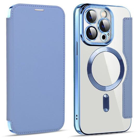 Phone Cover for iPhone 14 Pro, Compatible with MagSafe RFID Blocking Card Slots Fully Wrapped PU Leather+TPU Electroplating Clear Back Flip Case with Lens Film - Baby Blue