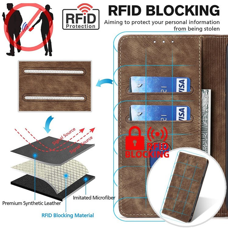 For Honor 80 SE 5G Textured Anti-Drop PU Leather Mobile Phone Case Stand RFID Blocking Wallet Magnetic Phone Flip Cover - Brown