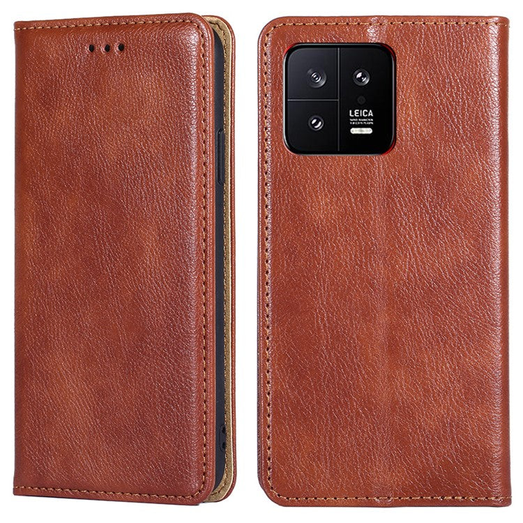 For Xiaomi 13 5G Magnetic Auto Adsorbed PU Leather Protective Cover Foldable Stand Phone Wallet Case - Brown