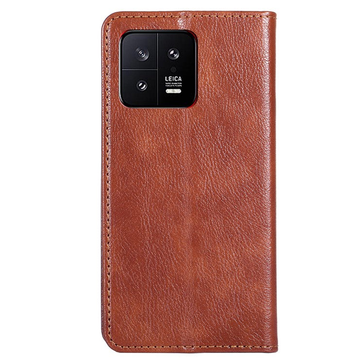 For Xiaomi 13 5G Magnetic Auto Adsorbed PU Leather Protective Cover Foldable Stand Phone Wallet Case - Brown
