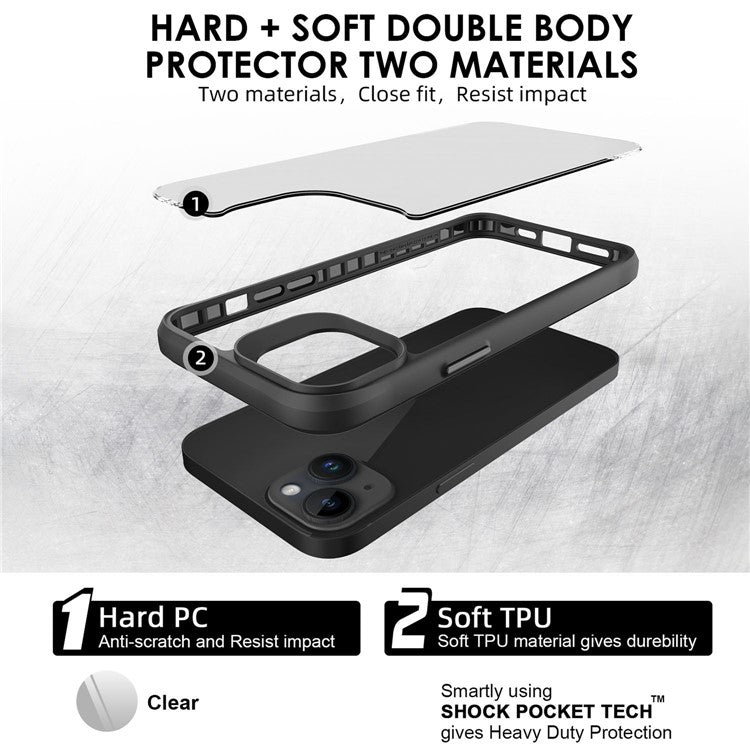 Combat X Mode Hard PC Back Soft TPU Bumper Case for iPhone 14, Transparent Protective Phone Cover - Black