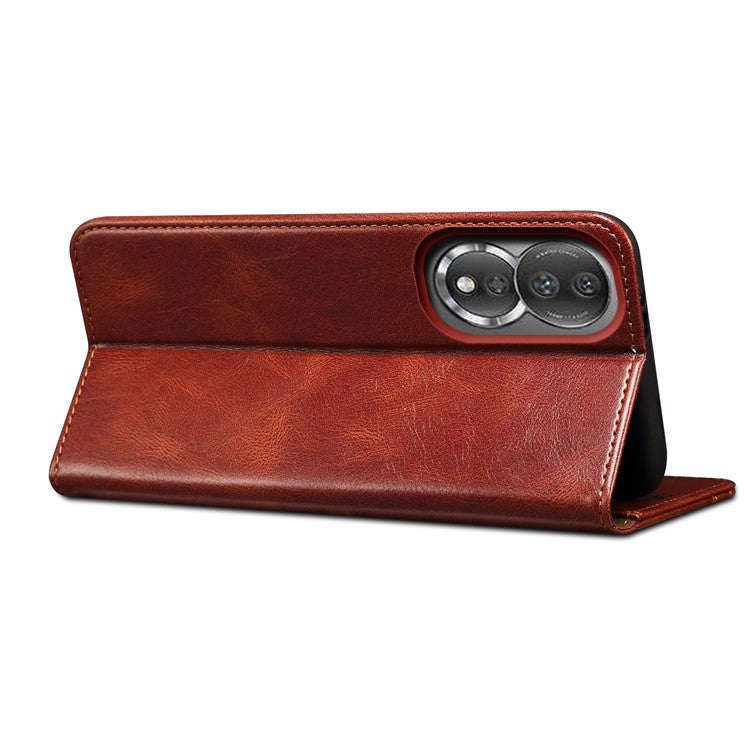 For Honor 80 5G Anti-shock Waxy Crazy Horse Texture Phone Case Foldable Stand Protective Folio Flip Leather Phone Wallet Cover - Brown