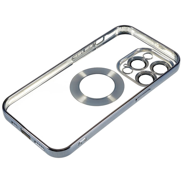 For iPhone 14 Pro Max Electroplating Edges Transparent Phone Case CD Texture Ring Logo Hole Design Soft TPU Shockproof Cover with Built-in Camera Lens Protector - Baby Blue