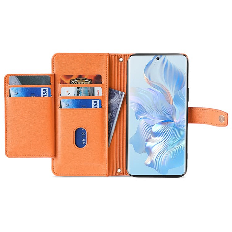 For Honor 80 5G Full Coverage PU Leather Stand Case Zipper Pocket Card Slots Flip Phone Cover with Wrist Strap and Shoulder Strap - Orange