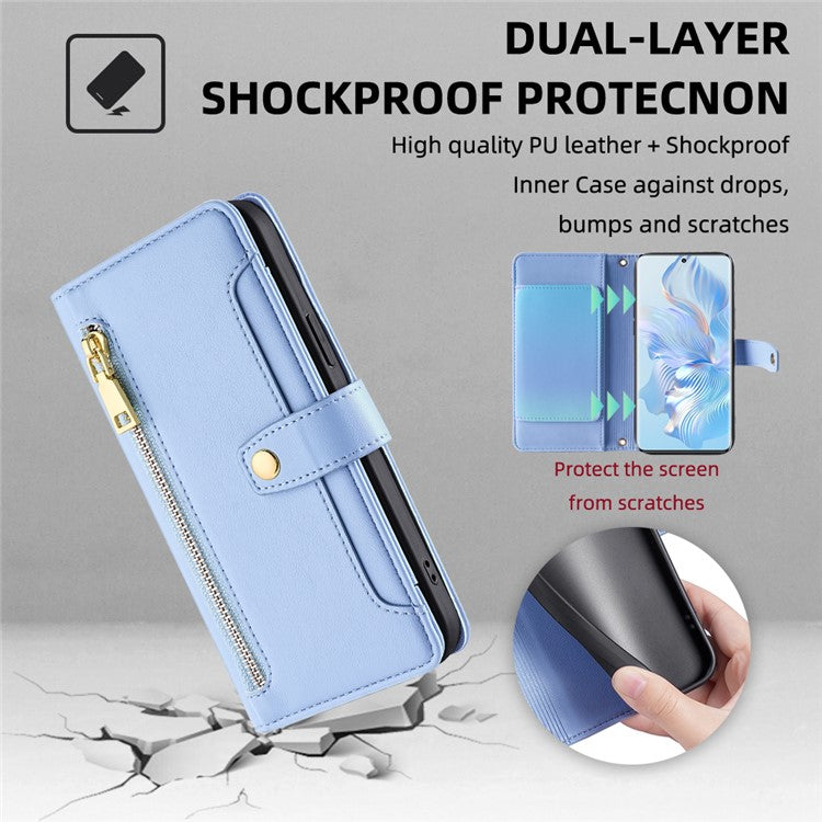 For Honor 80 5G Full Coverage PU Leather Stand Case Zipper Pocket Card Slots Flip Phone Cover with Wrist Strap and Shoulder Strap - Blue