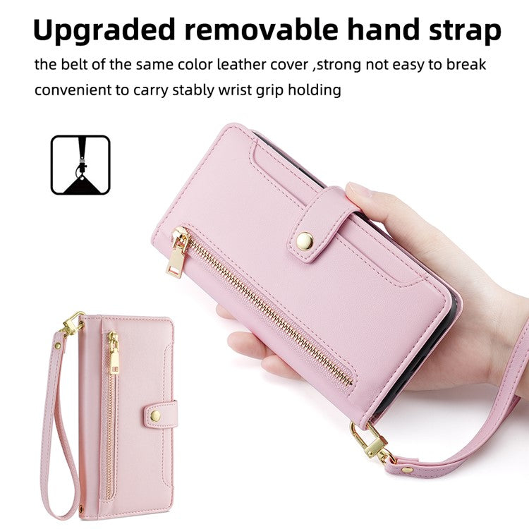 For Honor 80 5G Full Coverage PU Leather Stand Case Zipper Pocket Card Slots Flip Phone Cover with Wrist Strap and Shoulder Strap - Pink