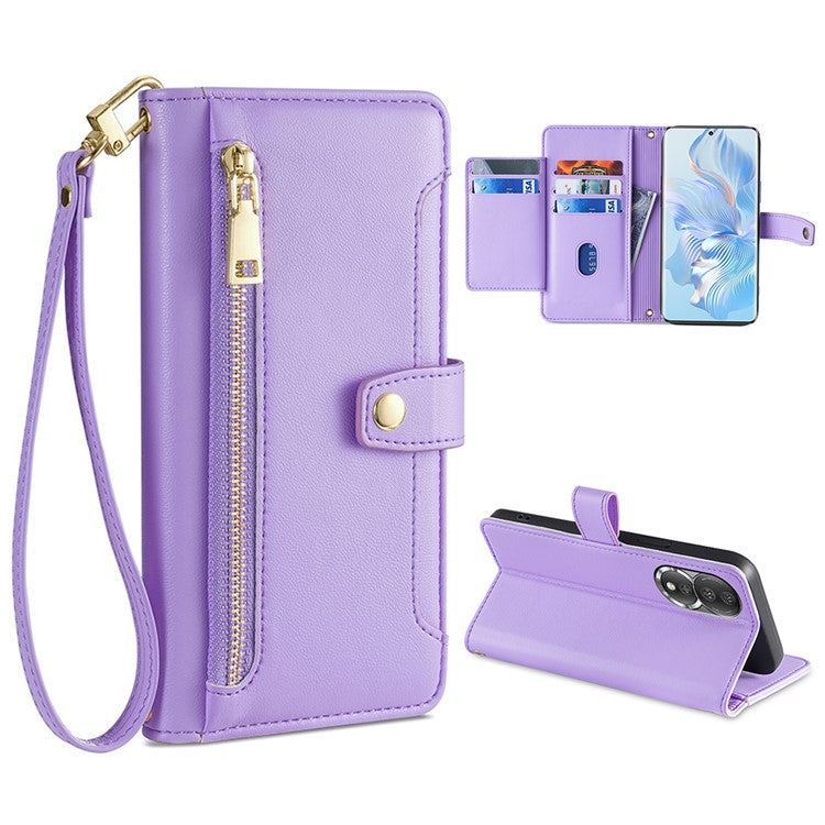 For Honor 80 5G Full Coverage PU Leather Stand Case Zipper Pocket Card Slots Flip Phone Cover with Wrist Strap and Shoulder Strap - Purple
