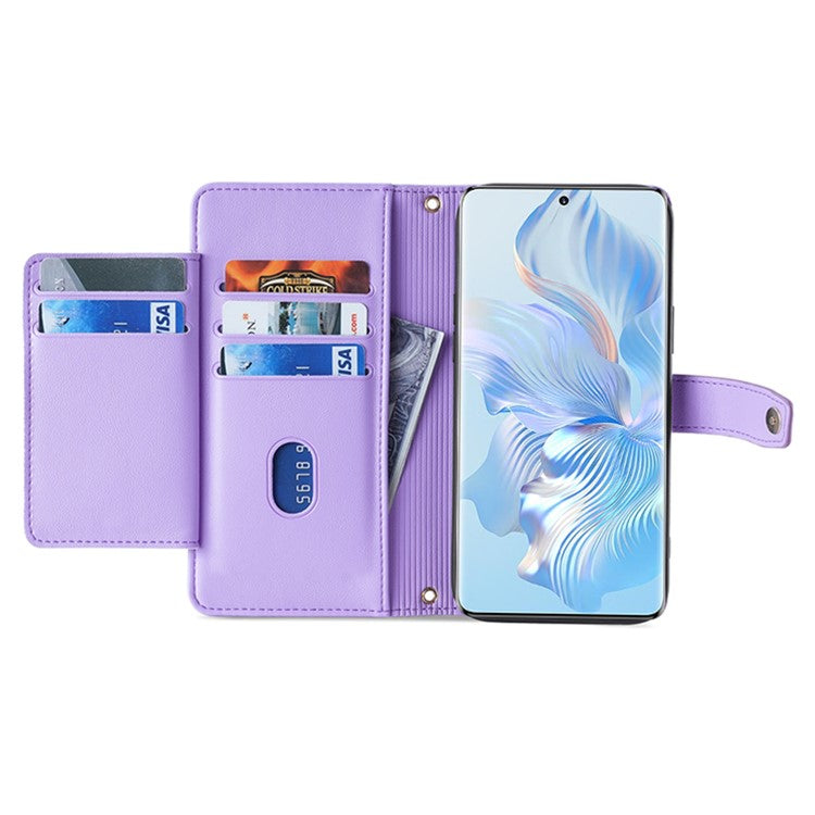 For Honor 80 5G Full Coverage PU Leather Stand Case Zipper Pocket Card Slots Flip Phone Cover with Wrist Strap and Shoulder Strap - Purple