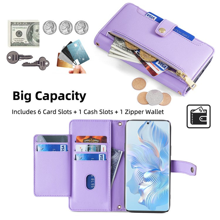For Honor 80 5G Full Coverage PU Leather Stand Case Zipper Pocket Card Slots Flip Phone Cover with Wrist Strap and Shoulder Strap - Purple