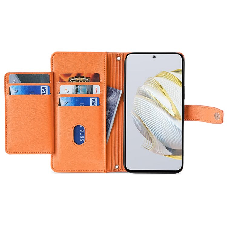 For Huawei nova 10 SE 4G PU Leather Hands-free Stand Case Zipper Pocket Card Slots Flip Phone Cover with Wrist Strap and Shoulder Strap - Orange