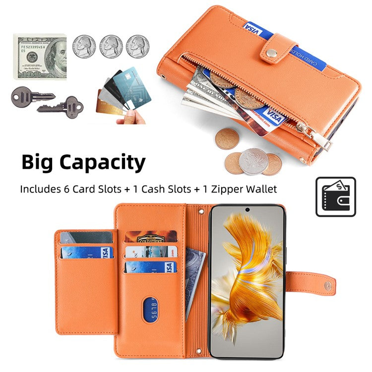 For Huawei Mate 50 4G PU Leather Hands-free Stand Case Zipper Pocket Card Slots Flip Phone Cover with Wrist Strap and Shoulder Strap - Orange