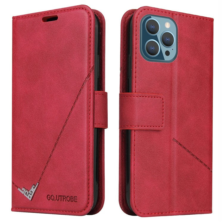 GQ.UTROBE For iPhone 14 Pro Max PU Leather Wallet Case Rectangular Metal Decor Folio Flip Foldable Stand Phone Cover - Red