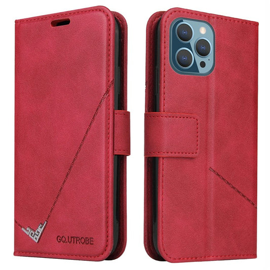 GQ.UTROBE For iPhone 14 Pro Max PU Leather Wallet Case Rectangular Metal Decor Folio Flip Foldable Stand Phone Cover - Red