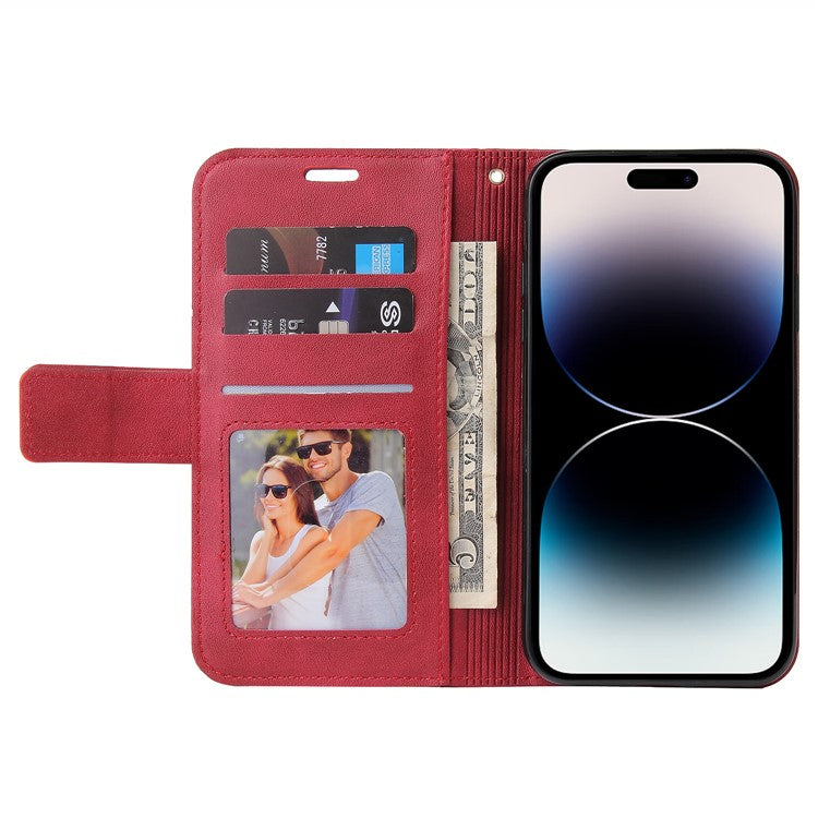 GQ.UTROBE For iPhone 14 Pro Max PU Leather Wallet Case Rectangular Metal Decor Folio Flip Foldable Stand Phone Cover - Red