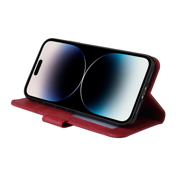 GQ.UTROBE For iPhone 14 Pro Max PU Leather Wallet Case Rectangular Metal Decor Folio Flip Foldable Stand Phone Cover - Red