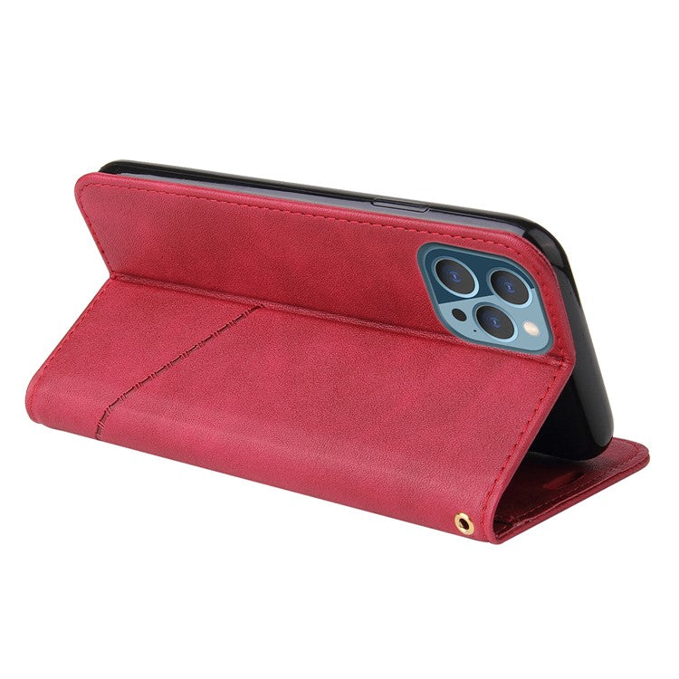 GQ.UTROBE For iPhone 14 Pro Max PU Leather Wallet Case Rectangular Metal Decor Folio Flip Foldable Stand Phone Cover - Red