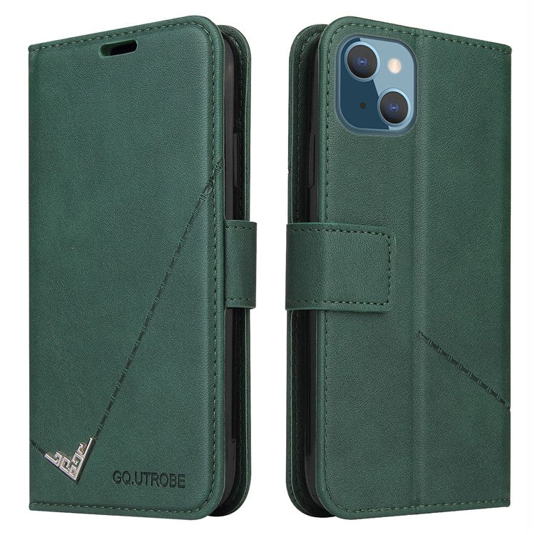 GQ.UTROBE For iPhone 14 Rectangular Metal Decor PU Leather Case Magnetic Clasp Phone Wallet Stand Cover - Green