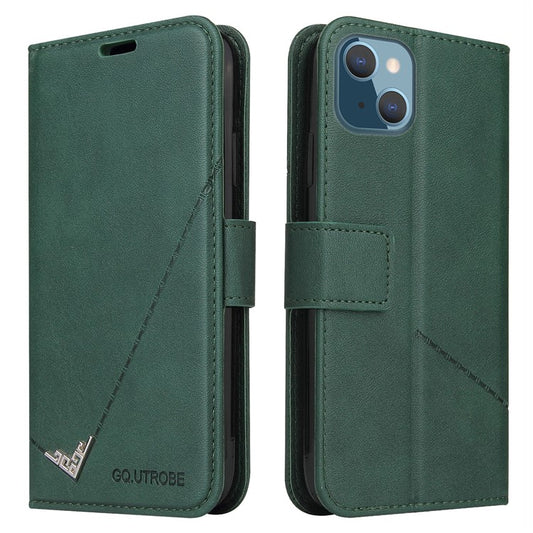 GQ.UTROBE For iPhone 14 Rectangular Metal Decor PU Leather Case Magnetic Clasp Phone Wallet Stand Cover - Green