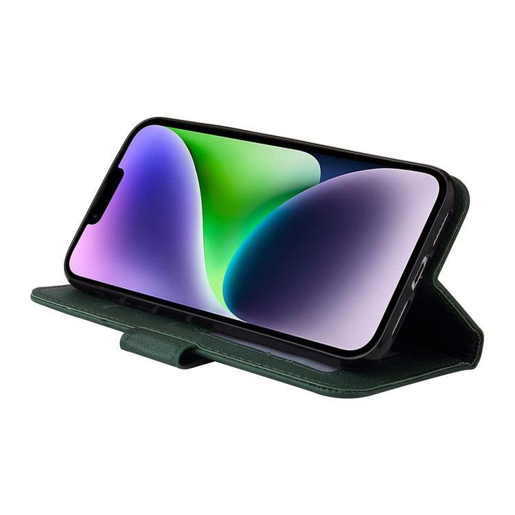 GQ.UTROBE For iPhone 14 Rectangular Metal Decor PU Leather Case Magnetic Clasp Phone Wallet Stand Cover - Green