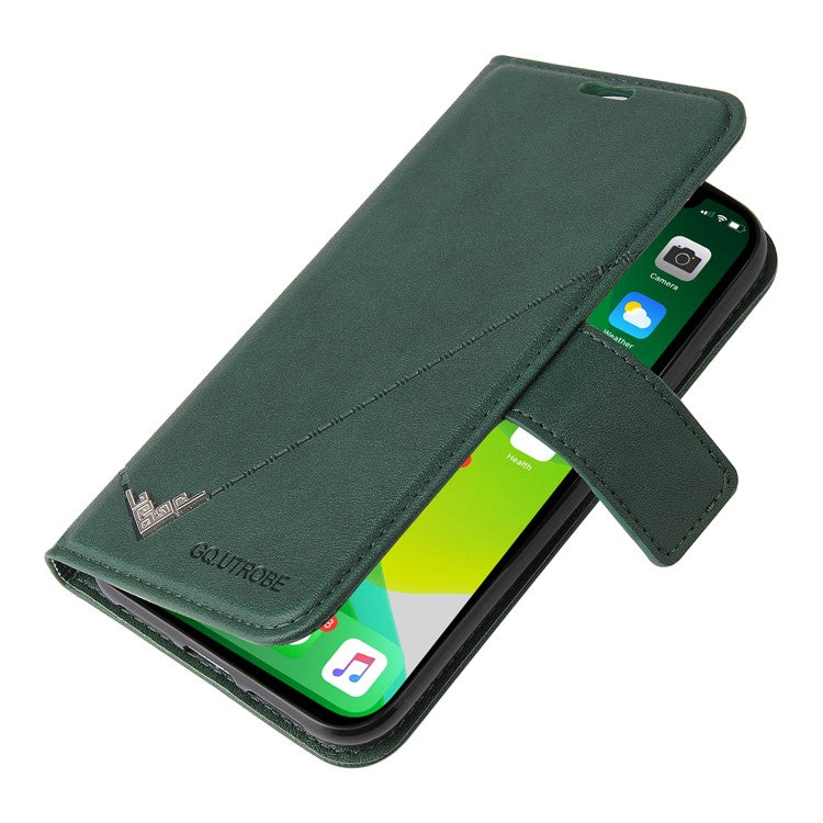 GQ.UTROBE For iPhone 14 Rectangular Metal Decor PU Leather Case Magnetic Clasp Phone Wallet Stand Cover - Green