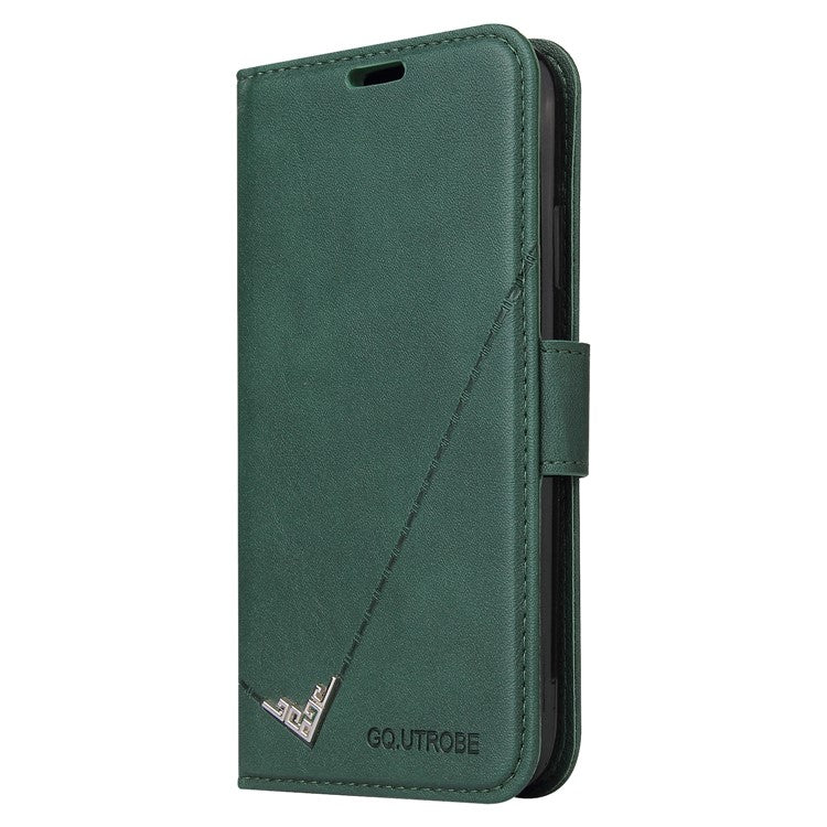 GQ.UTROBE For iPhone 14 Rectangular Metal Decor PU Leather Case Magnetic Clasp Phone Wallet Stand Cover - Green