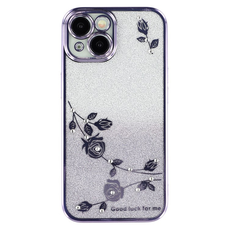 KADEM For iPhone 14 Gradient Glitter Powder Flexible TPU Back Cover Rhinestone Decor Flower Design Drop-proof Case - Purple