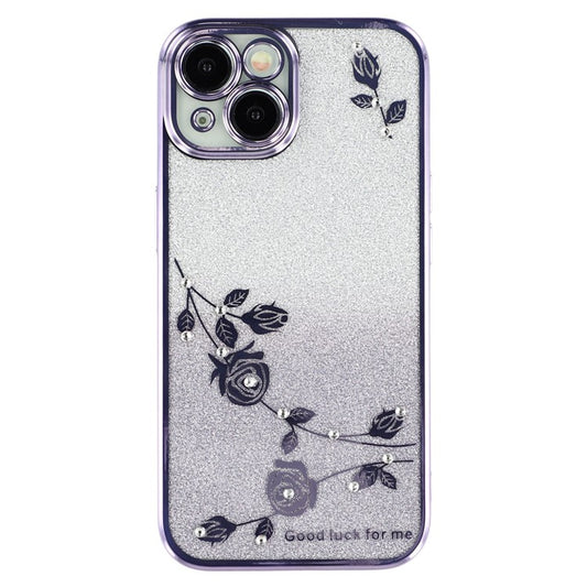KADEM For iPhone 14 Gradient Glitter Powder Flexible TPU Back Cover Rhinestone Decor Flower Design Drop-proof Case - Purple