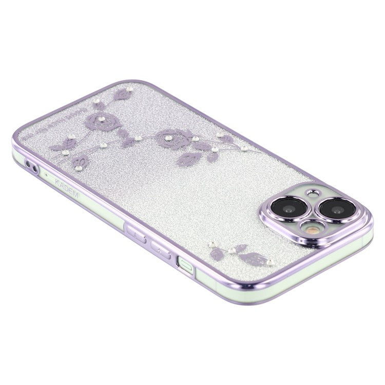 KADEM For iPhone 14 Gradient Glitter Powder Flexible TPU Back Cover Rhinestone Decor Flower Design Drop-proof Case - Purple