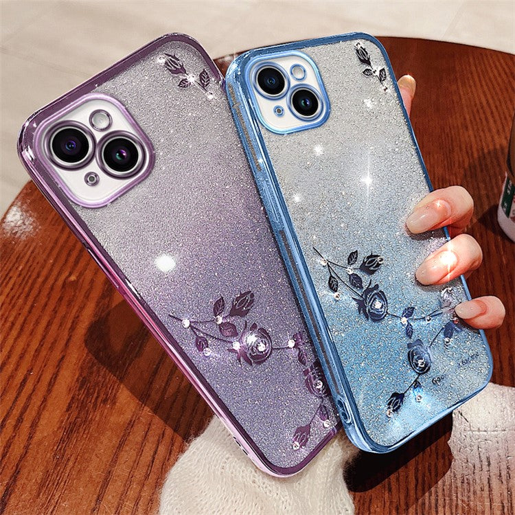 KADEM For iPhone 14 Gradient Glitter Powder Flexible TPU Back Cover Rhinestone Decor Flower Design Drop-proof Case - Purple