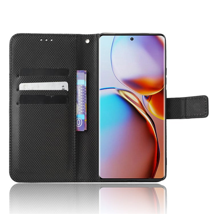 Shockproof Phone Cover for Motorola Moto X40 5G / Edge 40 Pro 5G / Edge+ (2023) Magnetic Clasp Diamond Texture PU Leather Stand Wallet Anti-scratch Phone Case Card Holder - Black