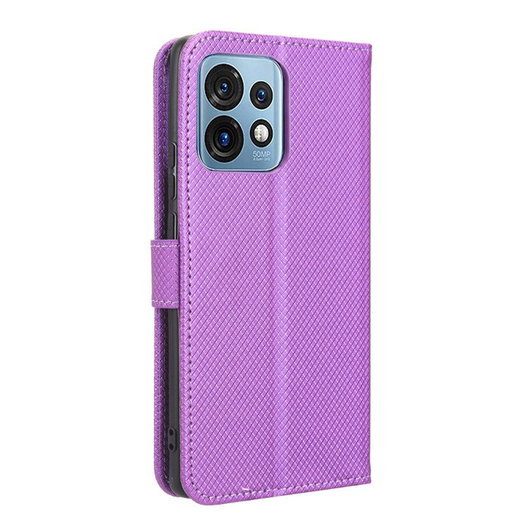Shockproof Phone Cover for Motorola Moto X40 5G / Edge 40 Pro 5G / Edge+ (2023) Magnetic Clasp Diamond Texture PU Leather Stand Wallet Anti-scratch Phone Case Card Holder - Purple