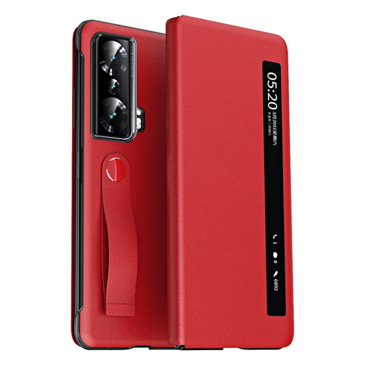 For Honor Magic Vs 5G View Window PU Leather+PC Flip Case Stand Cover with Portable Hand Grip Strap - Red