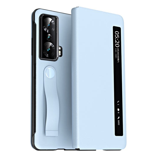 For Honor Magic Vs 5G View Window PU Leather+PC Flip Case Stand Cover with Portable Hand Grip Strap - Blue