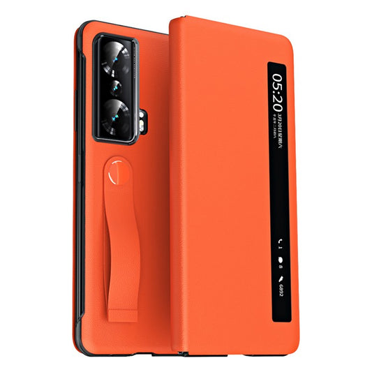 For Honor Magic Vs 5G View Window PU Leather+PC Flip Case Stand Cover with Portable Hand Grip Strap - Orange