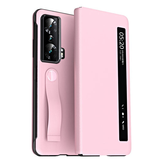 For Honor Magic Vs 5G View Window PU Leather+PC Flip Case Stand Cover with Portable Hand Grip Strap - Pink