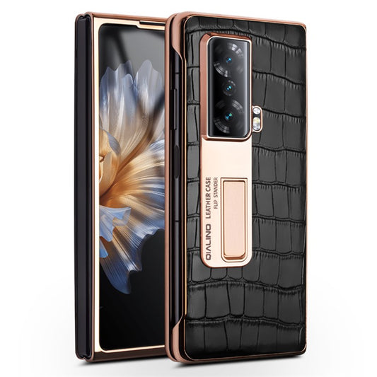QIALINO View Window Anti-drop Phone Case for Honor Magic Vs 5G, Hard PC + Genuine Leather Phone Cover Kickstand with Tempered Glass Film - Black