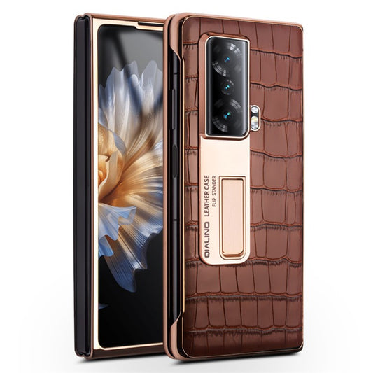 QIALINO View Window Anti-drop Phone Case for Honor Magic Vs 5G, Hard PC + Genuine Leather Phone Cover Kickstand with Tempered Glass Film - Brown