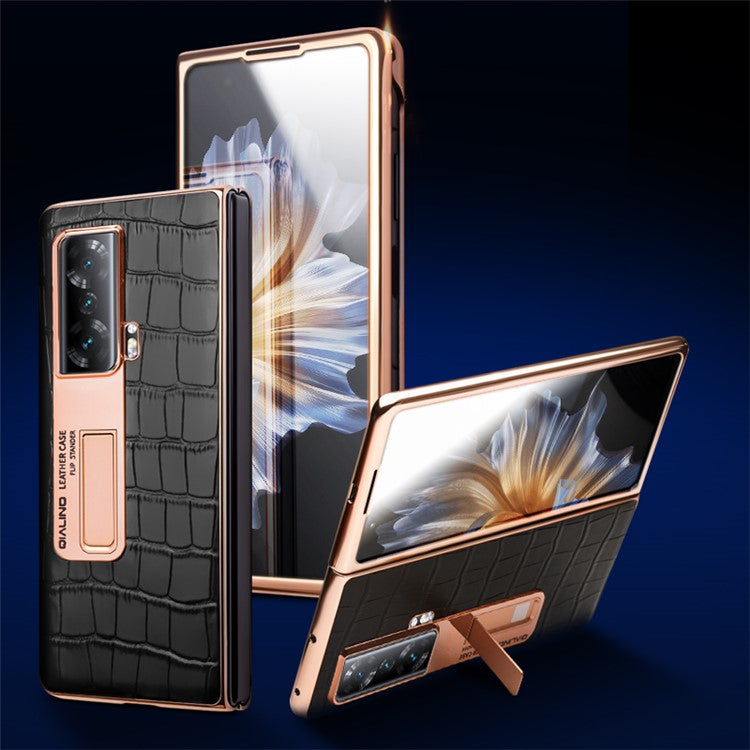 QIALINO View Window Anti-drop Phone Case for Honor Magic Vs 5G, Hard PC + Genuine Leather Phone Cover Kickstand with Tempered Glass Film - Brown