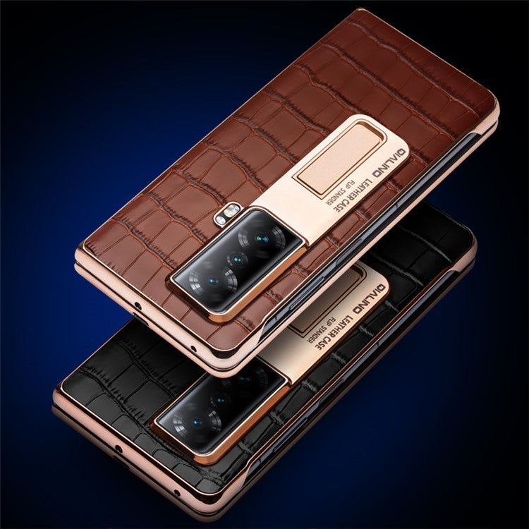 QIALINO View Window Anti-drop Phone Case for Honor Magic Vs 5G, Hard PC + Genuine Leather Phone Cover Kickstand with Tempered Glass Film - Brown