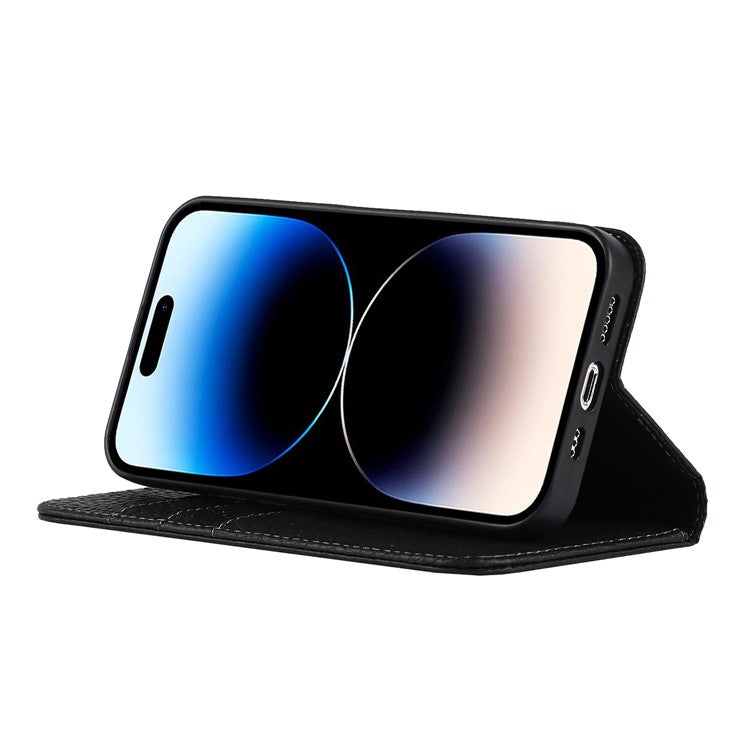 Full Protection Phone Case For iPhone 14 Pro Max, Litchi Texture Genuine Leather Cell Phone Cover Wallet Stand - Black