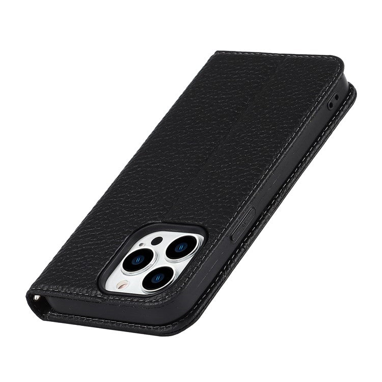 Full Protection Phone Case For iPhone 14 Pro Max, Litchi Texture Genuine Leather Cell Phone Cover Wallet Stand - Black