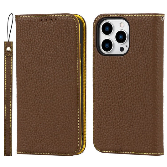 Full Protection Phone Case For iPhone 14 Pro Max, Litchi Texture Genuine Leather Cell Phone Cover Wallet Stand - Khaki