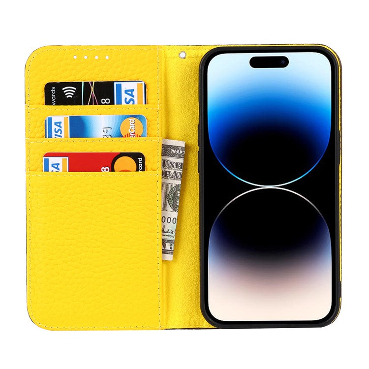 Full Protection Phone Case For iPhone 14 Pro Max, Litchi Texture Genuine Leather Cell Phone Cover Wallet Stand - Khaki