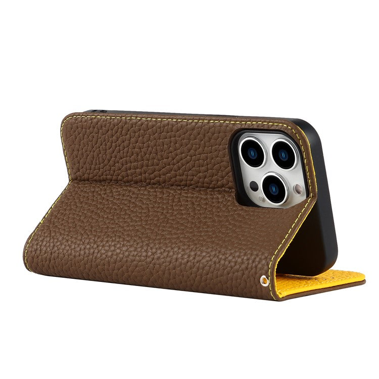 Full Protection Phone Case For iPhone 14 Pro Max, Litchi Texture Genuine Leather Cell Phone Cover Wallet Stand - Khaki