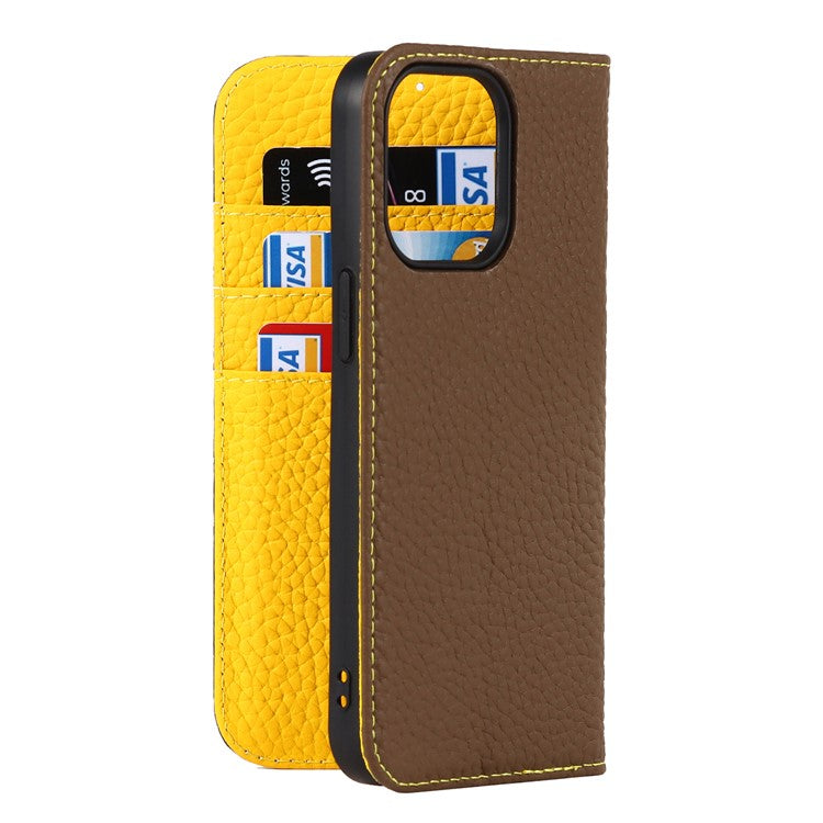 Full Protection Phone Case For iPhone 14 Pro Max, Litchi Texture Genuine Leather Cell Phone Cover Wallet Stand - Khaki