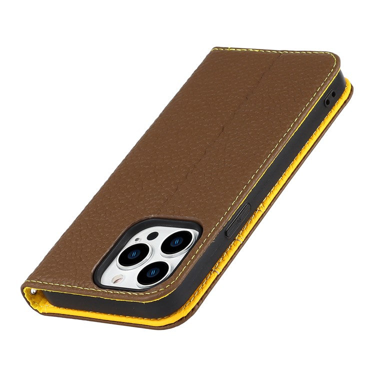 Full Protection Phone Case For iPhone 14 Pro Max, Litchi Texture Genuine Leather Cell Phone Cover Wallet Stand - Khaki