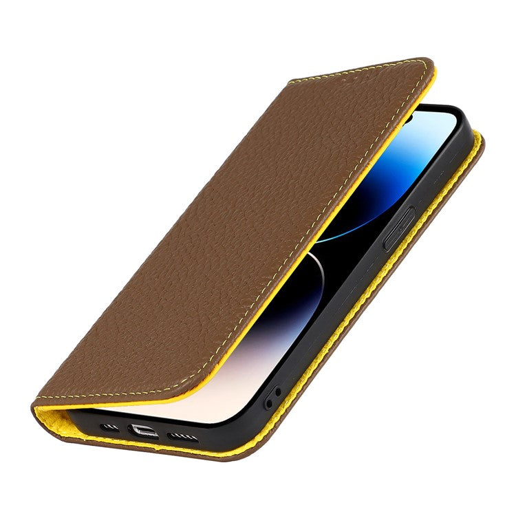 Full Protection Phone Case For iPhone 14 Pro Max, Litchi Texture Genuine Leather Cell Phone Cover Wallet Stand - Khaki