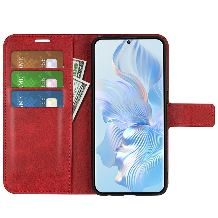 For Honor 80 5G Calf Texture PU Leather Stand Wallet Case Square Magnetic Clasp Phone Cover - Red