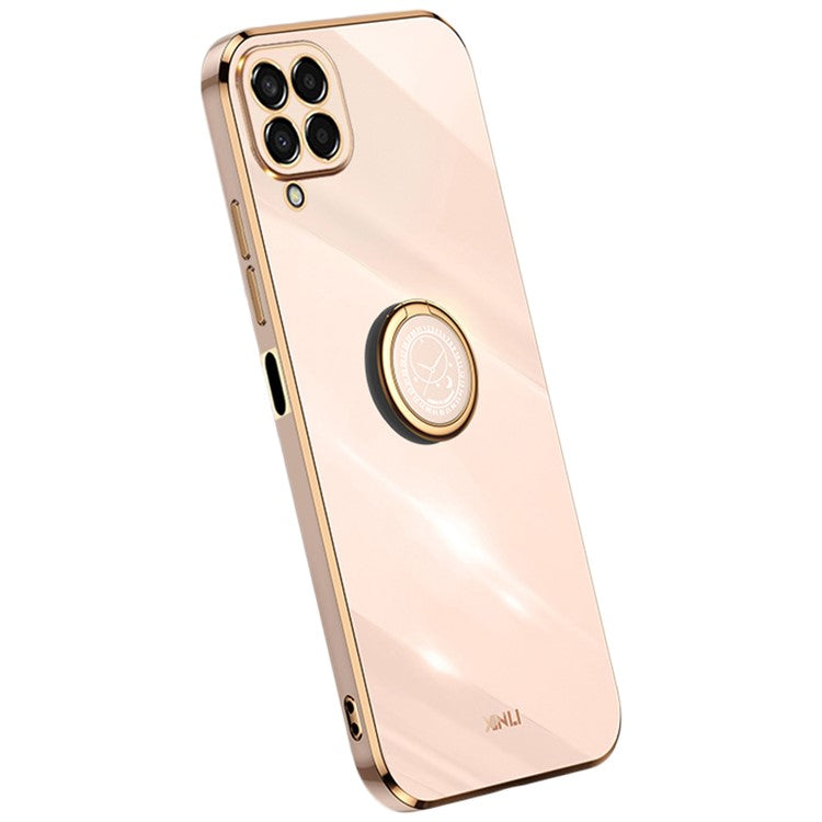 XINLI For Samsung Galaxy M53 5G Electroplating Golden Edge Soft TPU Cover Precise Lens Cutout Phone Case with Ring Kickstand - Pink